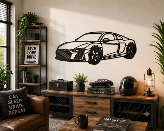 R8 - Metallsilhouette - Auto Wanddeko für Garage & Wohnzimmer - pulverbeschichtet