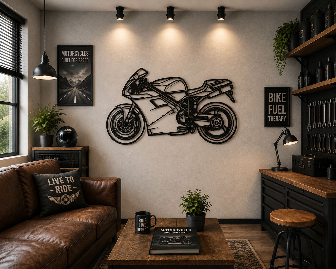 916SPS - Metallsilhouette - Motorrad Wanddeko für Garage & Wohnzimmer - pulverbeschichtet