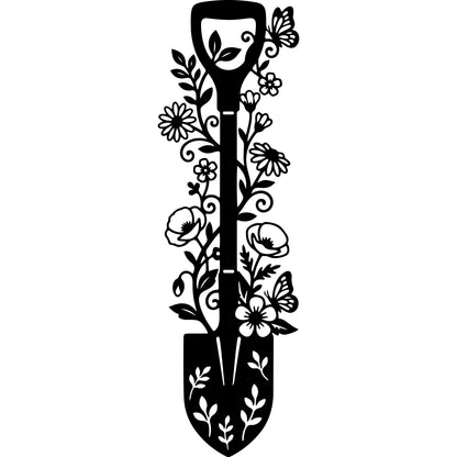 Metall Wanddeko Spaten_1 mit Blumen – Edles Wandbild für Garten, Terrasse & Balkon, Pulverbeschichtet