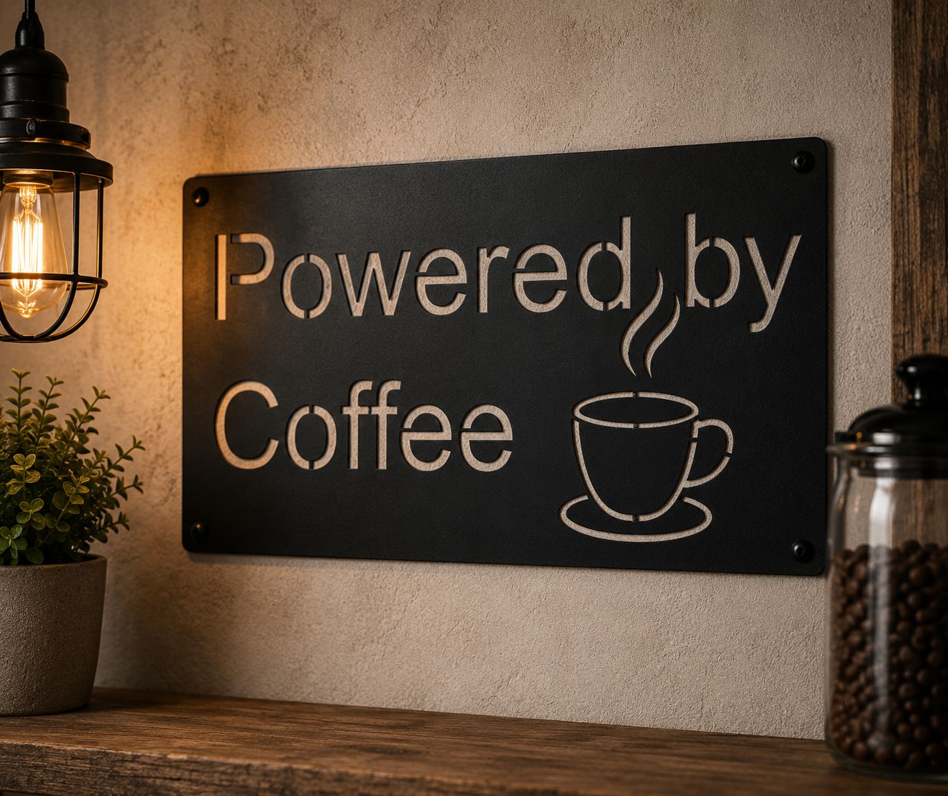 Schild "Powered by Coffee"