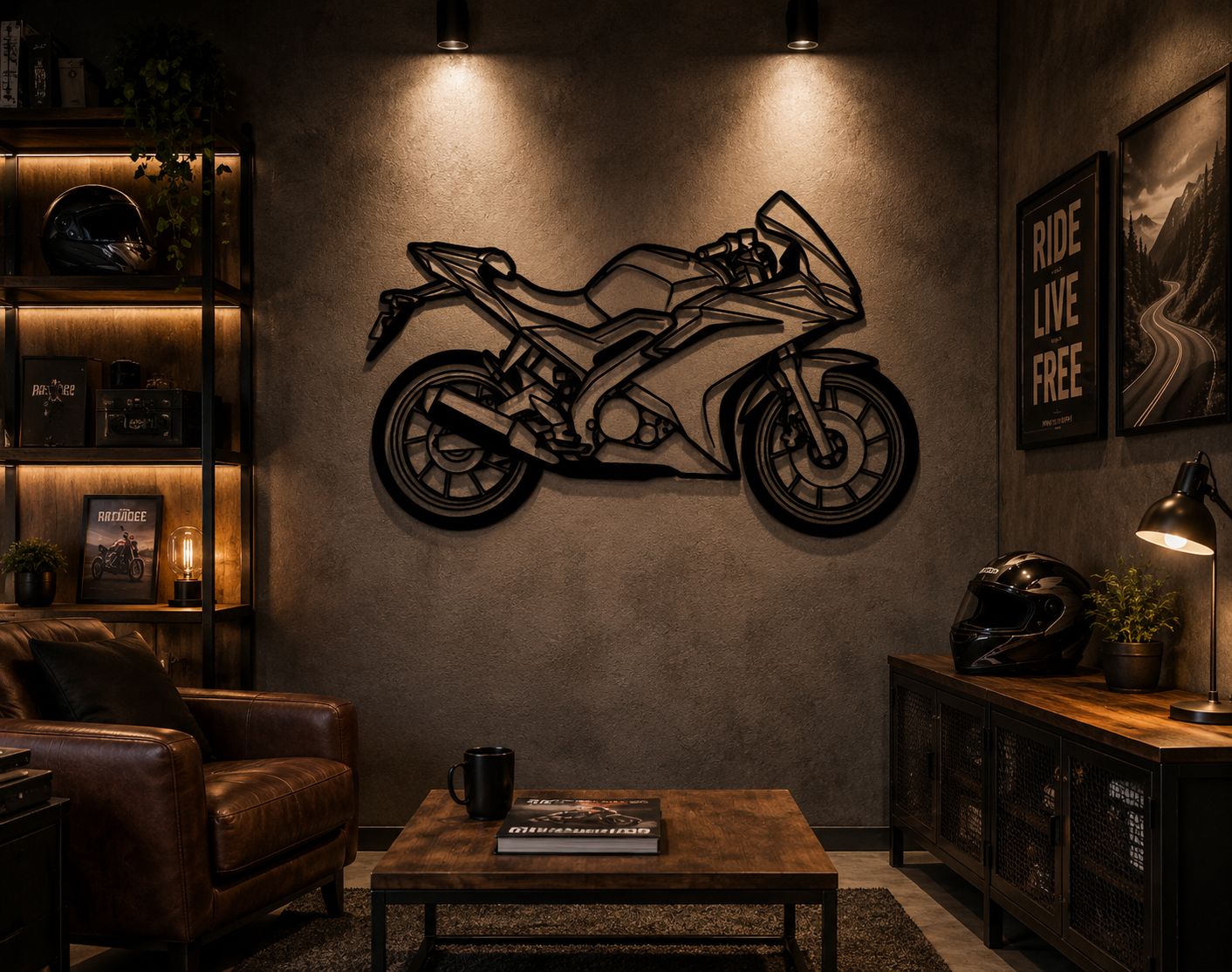 R15 - Metallsilhouette - Motorrad Wanddeko für Garage & Wohnzimmer - pulverbeschichtet