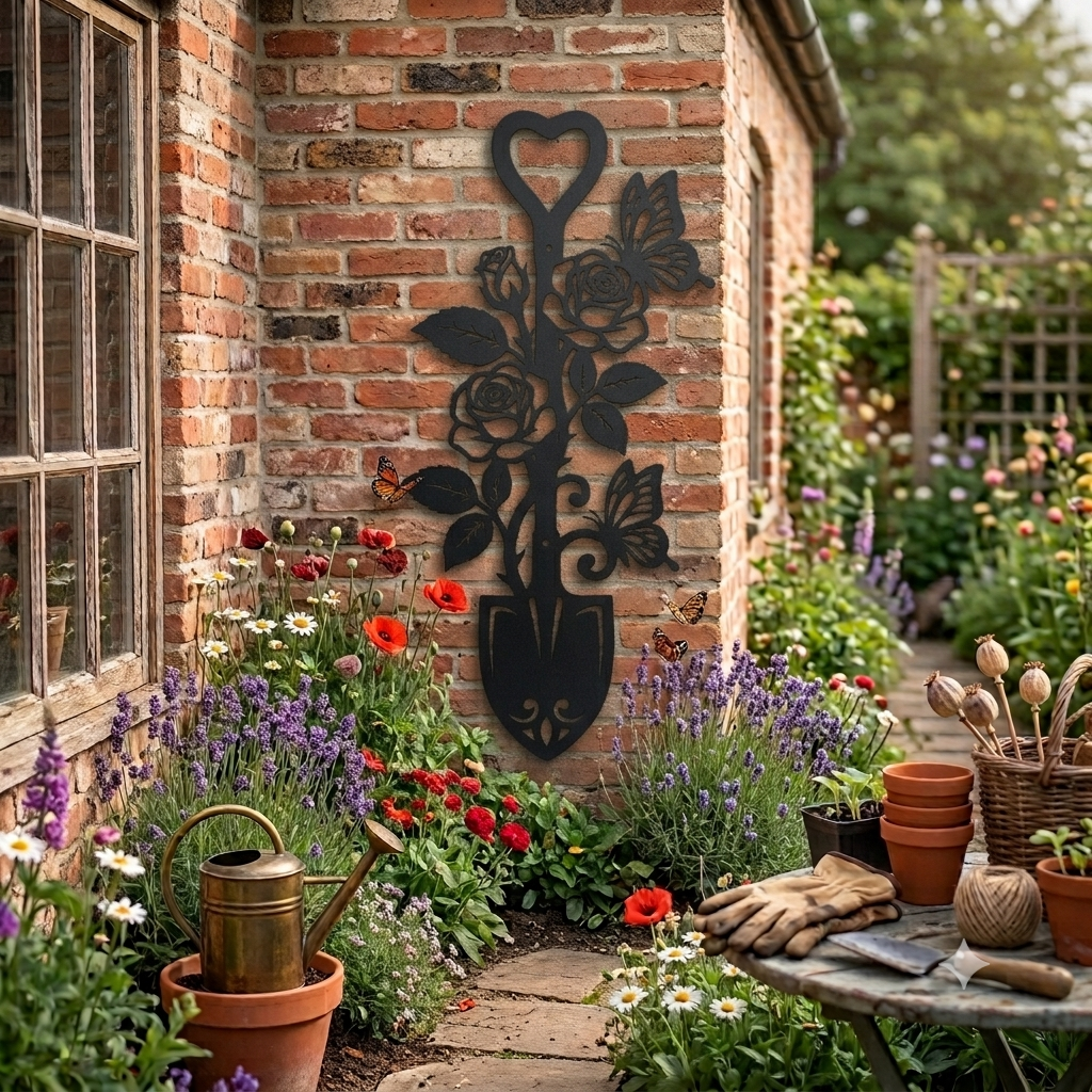 Metall Wanddeko Spaten_2 – Edles Wandbild für Garten, Terrasse & Balkon, Pulverbeschichtet