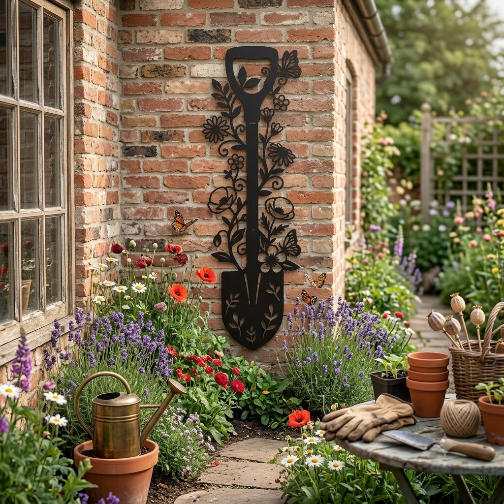 Metall Wanddeko Spaten_1 mit Blumen – Edles Wandbild für Garten, Terrasse & Balkon, Pulverbeschichtet