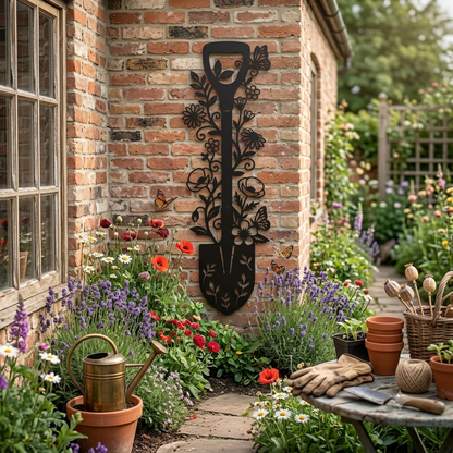 Metall Wanddeko Spaten_1 mit Blumen – Edles Wandbild für Garten, Terrasse & Balkon, Pulverbeschichtet
