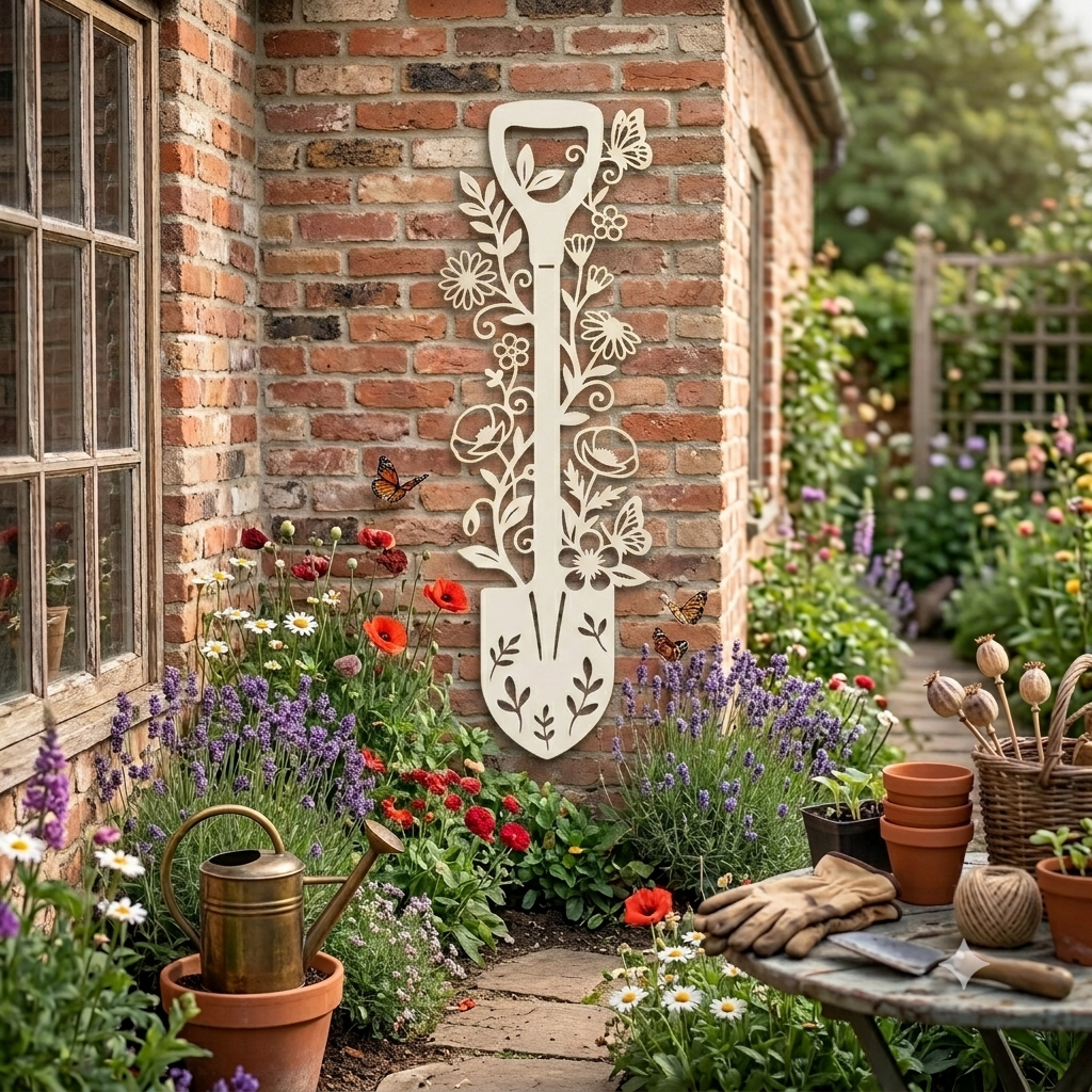 Metall Wanddeko Spaten_1 mit Blumen – Edles Wandbild für Garten, Terrasse & Balkon, Pulverbeschichtet