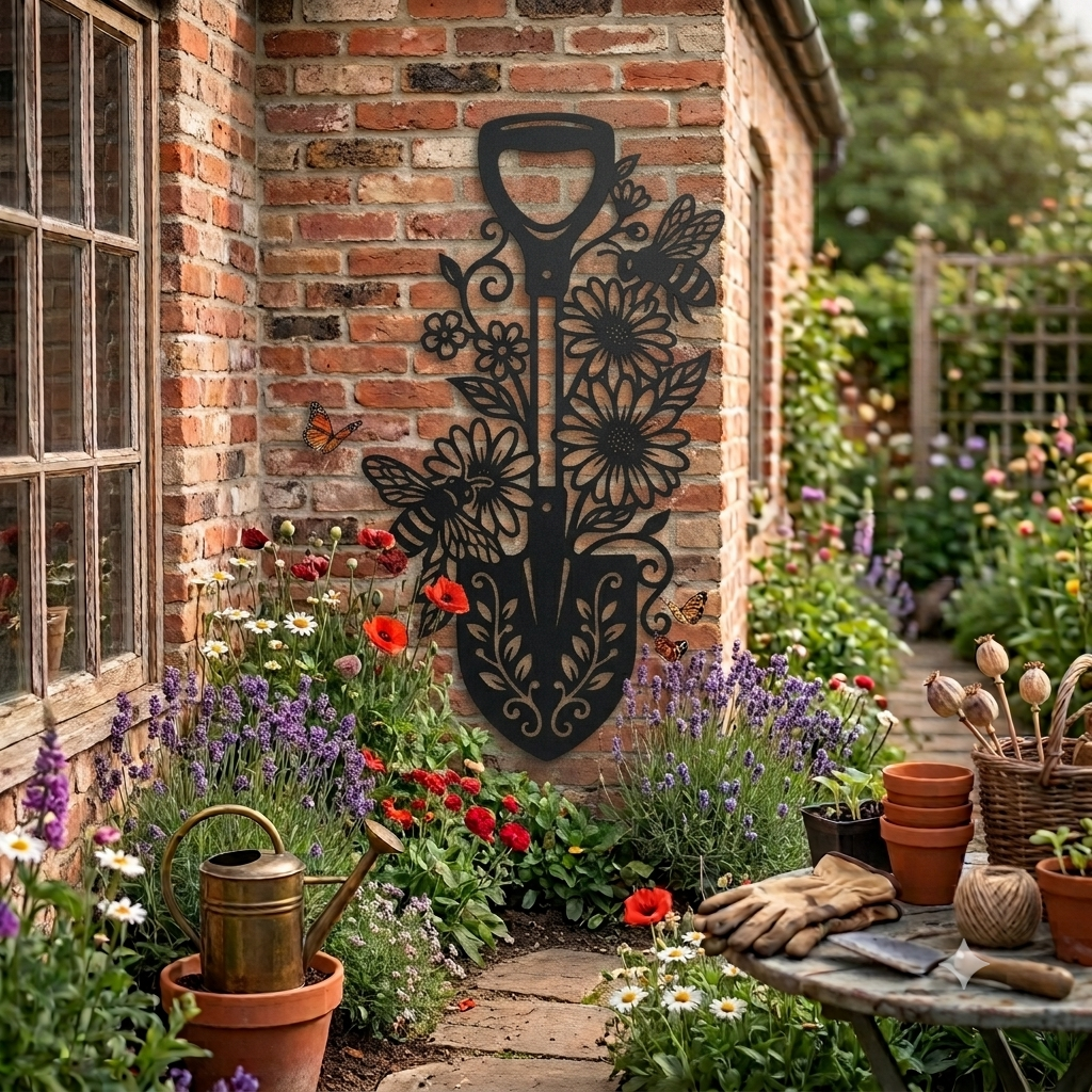 Metall Wanddeko Spaten_3 – Edles Wandbild für Garten, Terrasse & Balkon, Pulverbeschichtet